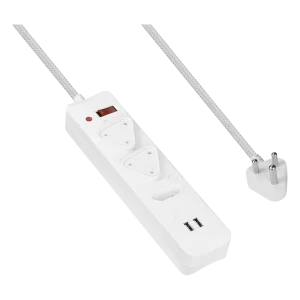 Switched 3-Way Surge-Protected Multiplug with Dual 2.4a USB Ports 3m Braided Cord - White